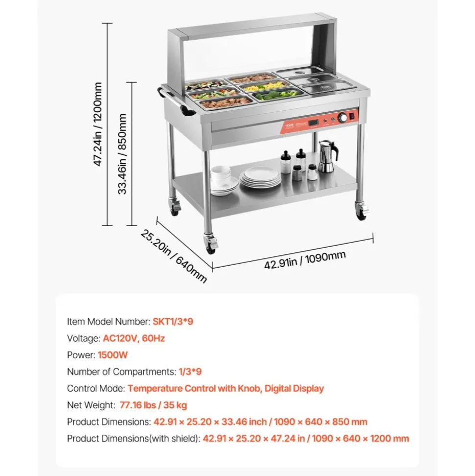 VEVOR 9-Pan Commercial Food Warmer, 9 x 1/3 Pans Electric Steam Table, 1500W Professional Buffet Catering Food Warmer with Shield Undershelf Wheels, Stainless Steel Server for Party Restaurant