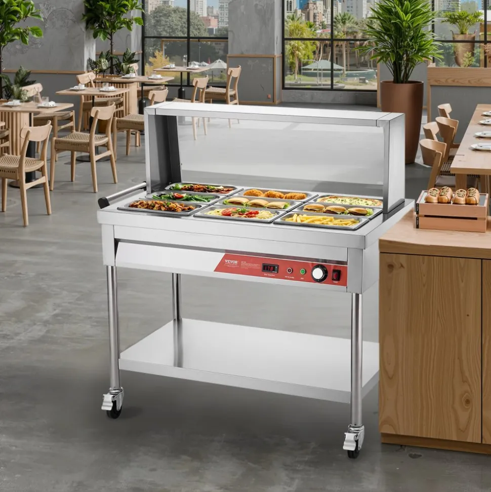 VEVOR 9-Pan Commercial Food Warmer, 9 x 1/3 Pans Electric Steam Table, 1500W Professional Buffet Catering Food Warmer with Shield Undershelf Wheels, Stainless Steel Server for Party Restaurant