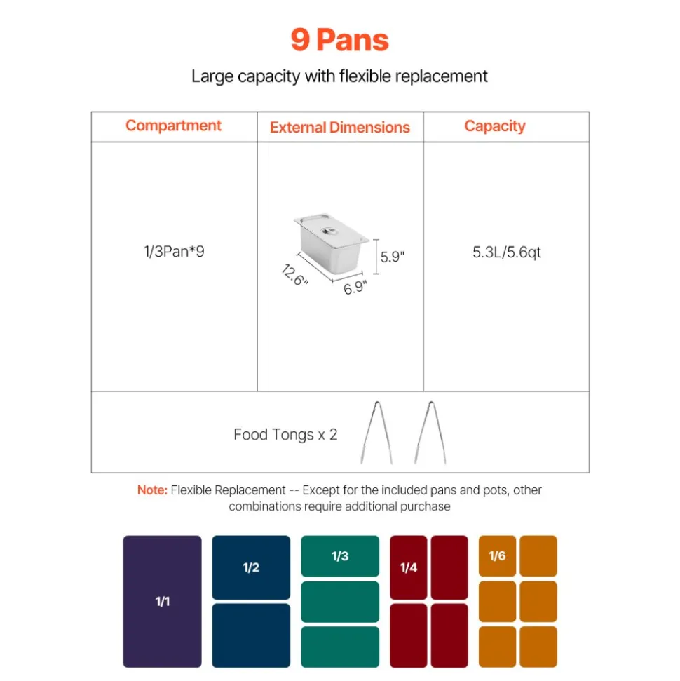 VEVOR 9-Pan Commercial Food Warmer, 9 x 1/3 Pans Electric Steam Table, 1500W Professional Buffet Catering Food Warmer with Shield Undershelf Wheels, Stainless Steel Server for Party Restaurant
