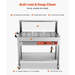 VEVOR 9-Pan Commercial Food Warmer, 9 x 1/3 Pans Electric Steam Table, 1500W Professional Buffet Catering Food Warmer with Shield Undershelf Wheels, Stainless Steel Server for Party Restaurant