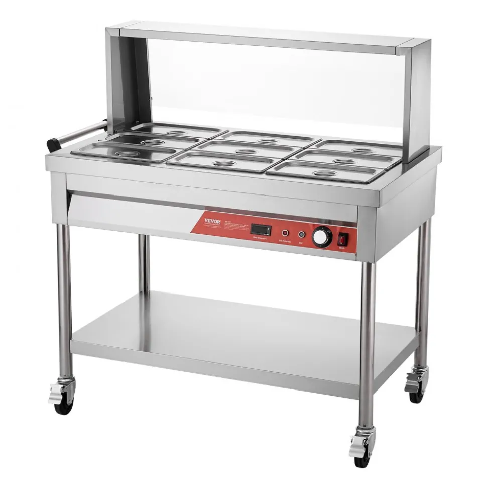 VEVOR 9-Pan Commercial Food Warmer, 9 x 1/3 Pans Electric Steam Table, 1500W Professional Buffet Catering Food Warmer with Shield Undershelf Wheels, Stainless Steel Server for Party Restaurant