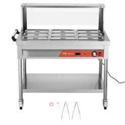 VEVOR 9-Pan Commercial Food Warmer, 9 x 1/3 Pans Electric Steam Table, 1500W Professional Buffet Catering Food Warmer with Shield Undershelf Wheels, Stainless Steel Server for Party Restaurant