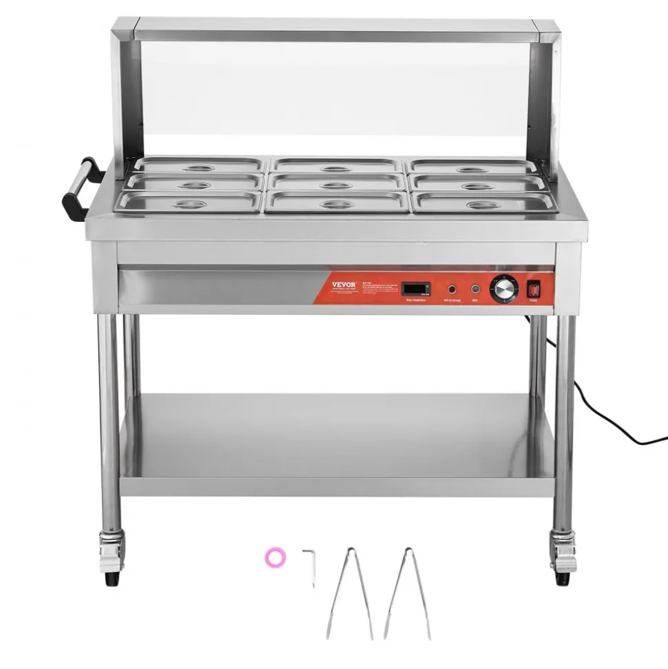 VEVOR 9-Pan Commercial Food Warmer, 9 x 1/3 Pans Electric Steam Table, 1500W Professional Buffet Catering Food Warmer with Shield Undershelf Wheels, Stainless Steel Server for Party Restaurant