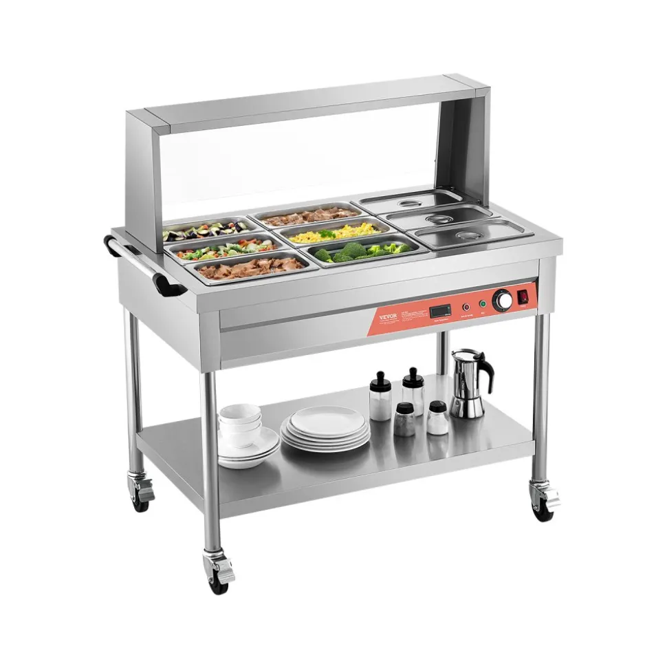 VEVOR 9-Pan Commercial Food Warmer, 9 x 1/3 Pans Electric Steam Table, 1500W Professional Buffet Catering Food Warmer with Shield Undershelf Wheels, Stainless Steel Server for Party Restaurant