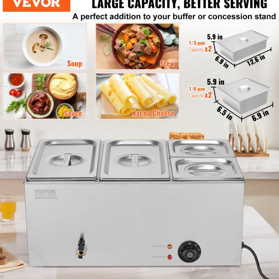 VEVOR 4-Pan Commercial Food Warmer, 16.4QT Electric Steam Table, 1200W Professional Countertop Stainless Steel Buffet Bain Marie with 86-185°F Temp Control for Catering and Restaurants, Silver