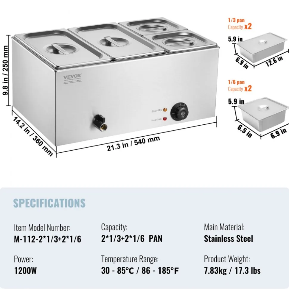 VEVOR 4-Pan Commercial Food Warmer, 16.4QT Electric Steam Table, 1200W Professional Countertop Stainless Steel Buffet Bain Marie with 86-185°F Temp Control for Catering and Restaurants, Silver