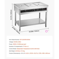 VEVOR 3-Pan Commercial Food Warmer, Electric Steam Table with Independent Temperature Control, 450W x 3 Stainless Steel Buffet Catering Food Warmer with Undershelf, for Restaurant Party