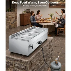 VEVOR 4-Pan Commercial Propane Steam Table, LP Gas Outdoor Soup Warmer with Drain Valve, Stainless Steel Propane Food Warmer with Adjustable Temperature, for Restaurant Party Outdoor Camping