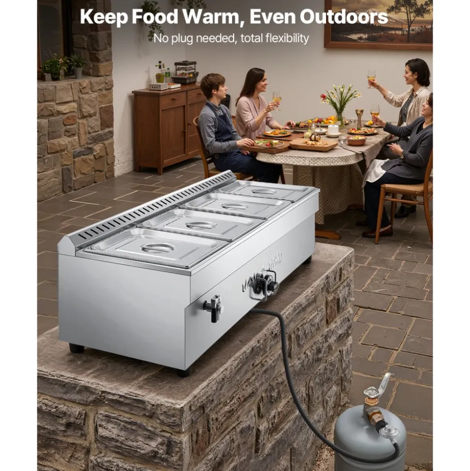 VEVOR 4-Pan Commercial Propane Steam Table, LP Gas Outdoor Soup Warmer with Drain Valve, Stainless Steel Propane Food Warmer with Adjustable Temperature, for Restaurant Party Outdoor Camping