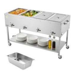 VEVOR 4-Pan Commercial Propane Steam Table, LP Gas Outdoor Soup Warmer with Drain Valve and 3