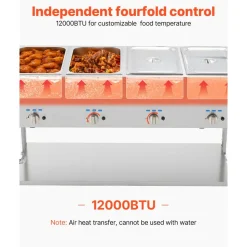 VEVOR 4-Pan Commercial Propane Steam Table, LP Gas Outdoor Soup Warmer with Drain Valve and 3