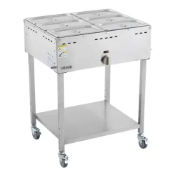 VEVOR 6-Pan Commercial Propane Steam Table, LP Gas Outdoor Soup Warmer with Drain Valve and 3