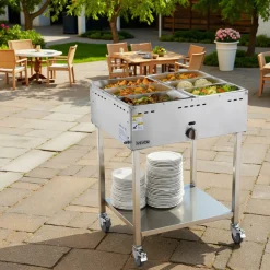 VEVOR 6-Pan Commercial Propane Steam Table, LP Gas Outdoor Soup Warmer with Drain Valve and 3