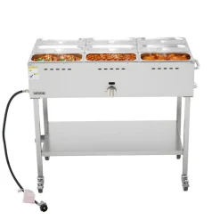 VEVOR 9-Pan Commercial Propane Steam Table, LP Gas Outdoor Soup Warmer with Drain Valve and 3" Wheels, Stainless Steel Propane Food Warmer with Adjustable Temperature, for Restaurant Outdoor Camping
