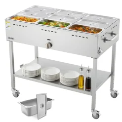 VEVOR 9-Pan Commercial Propane Steam Table, LP Gas Outdoor Soup Warmer with Drain Valve and 3