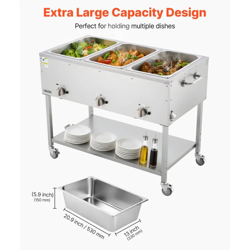 VEVOR 3-Pan Commercial Propane Steam Table, LP Gas Outdoor Soup Warmer with Drain Valve and 3" Wheels, Stainless Steel Propane Food Warmer with Independent Temp Control, for Restaurant Outdoor Camping