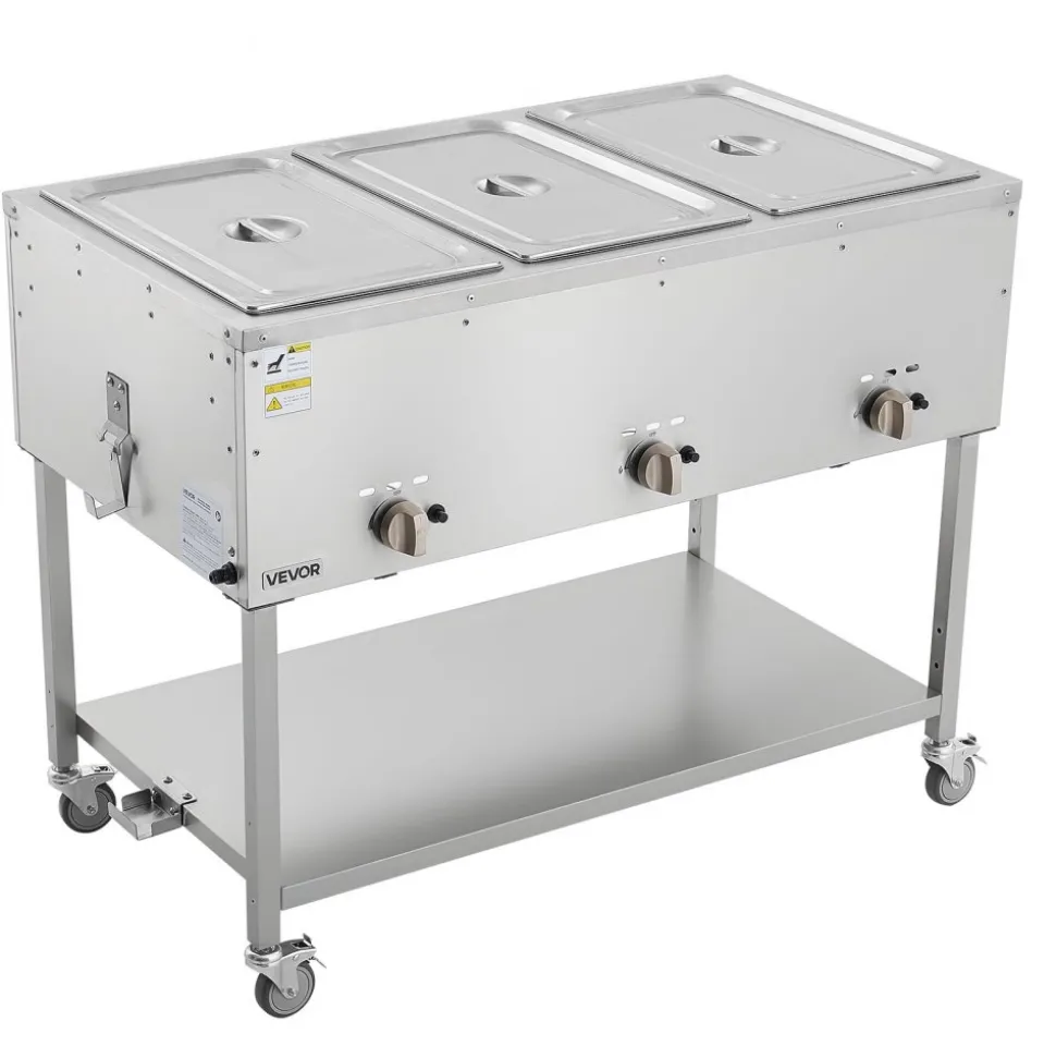 VEVOR 3-Pan Commercial Propane Steam Table, LP Gas Outdoor Soup Warmer with Drain Valve and 3" Wheels, Stainless Steel Propane Food Warmer with Independent Temp Control, for Restaurant Outdoor Camping