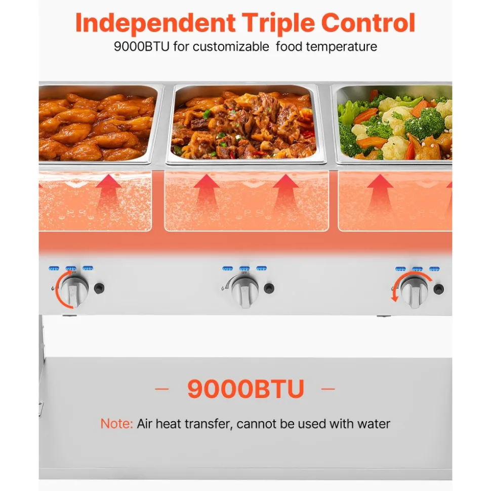 VEVOR 3-Pan Commercial Propane Steam Table, LP Gas Outdoor Soup Warmer with Drain Valve and 3" Wheels, Stainless Steel Propane Food Warmer with Independent Temp Control, for Restaurant Outdoor Camping