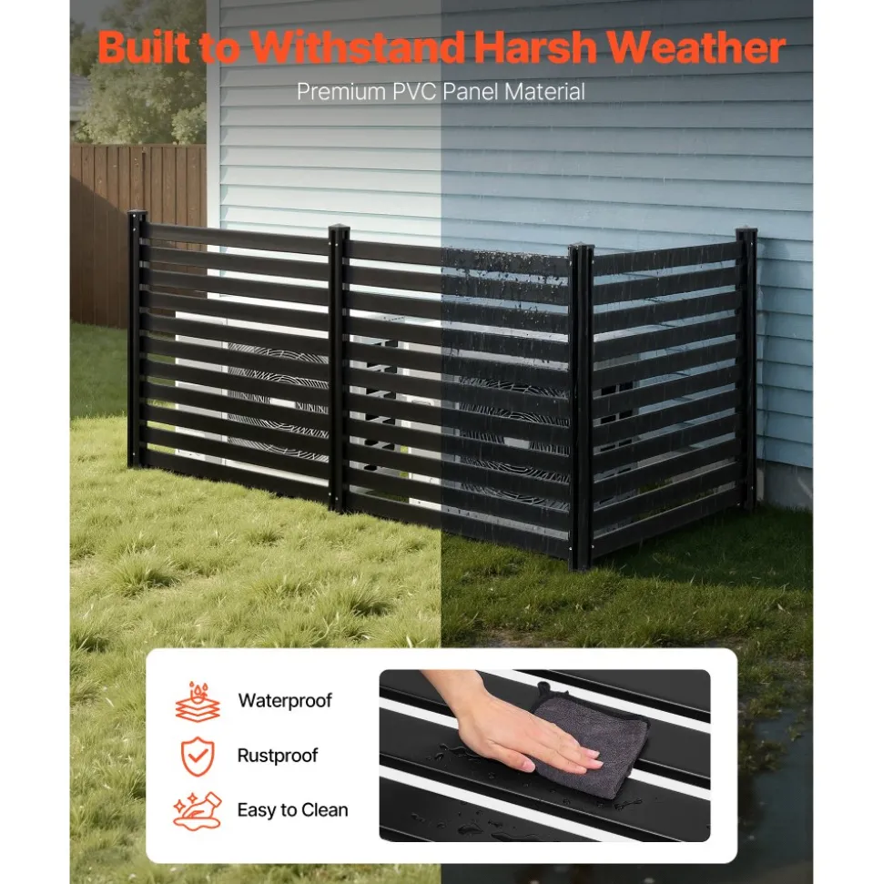 VEVOR 3 Panels Outdoor Privacy Screen, 50 x 48 in Air Conditioner Fence with 27.6 in Ground Stakes, Pool Equipment Enclosure, Vinyl Privacy Fence, Ideal for Trash Can and A/C Units, Black