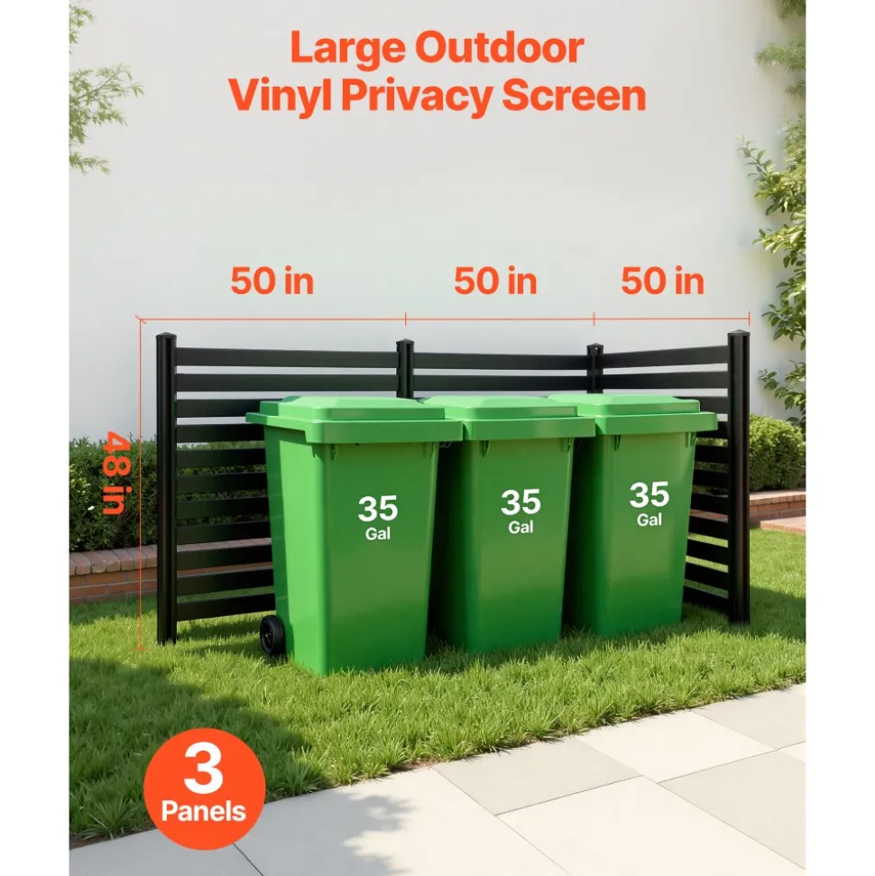 VEVOR 3 Panels Outdoor Privacy Screen, 50 x 48 in Air Conditioner Fence with 27.6 in Ground Stakes, Pool Equipment Enclosure, Vinyl Privacy Fence, Ideal for Trash Can and A/C Units, Black