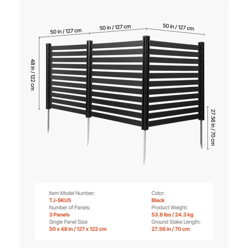 VEVOR 3 Panels Outdoor Privacy Screen, 50 x 48 in Air Conditioner Fence with 27.6 in Ground Stakes, Pool Equipment Enclosure, Vinyl Privacy Fence, Ideal for Trash Can and A/C Units, Black
