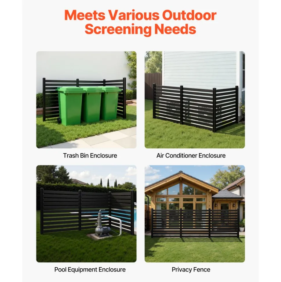 VEVOR 3 Panels Outdoor Privacy Screen, 50 x 48 in Air Conditioner Fence with 27.6 in Ground Stakes, Pool Equipment Enclosure, Vinyl Privacy Fence, Ideal for Trash Can and A/C Units, Black