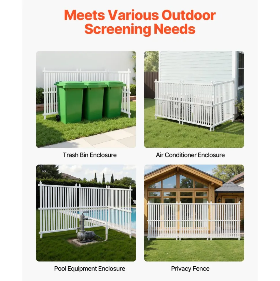 VEVOR 3 Panels Outdoor Privacy Screen, 36 x 45 in Air Conditioner Fence with 19.7 in Ground Stakes, Pool Equipment Enclosure, Strip Vinyl Privacy Fence, Ideal for Trash Can and A/C Units, White