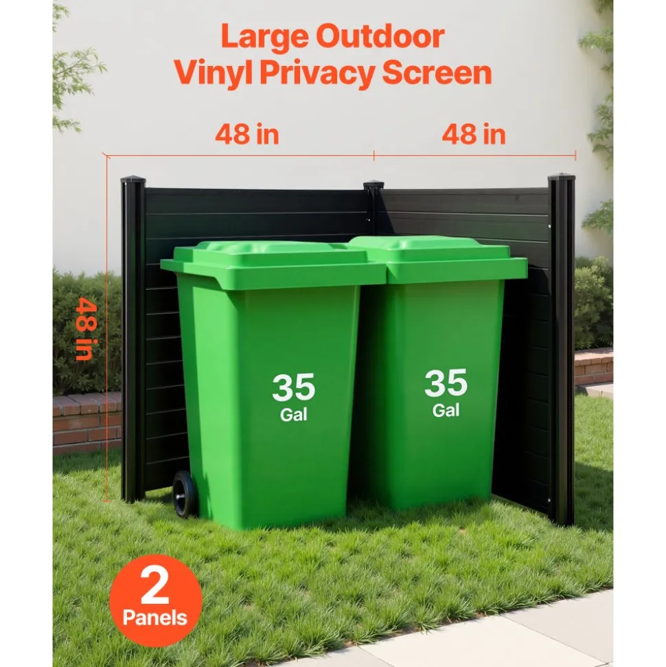 VEVOR 2 Panels Outdoor Privacy Screen, 48 x 48 in Air Conditioner Fence with 27.6 in Ground Stakes, Pool Equipment Enclosure, Horizontal Vinyl Privacy Fence, Ideal for Trash Can and A/C Units, Black