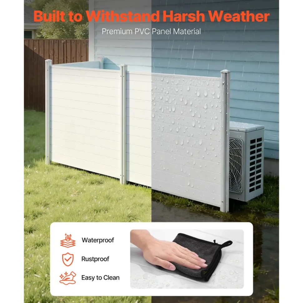 VEVOR 2 Panels Outdoor Privacy Screen, 48 x 48 in Air Conditioner Fence with 19.7 in Ground Stakes, Pool Equipment Enclosure, Louvered Vinyl Privacy Fence, Ideal for Trash Can and A/C Units, White
