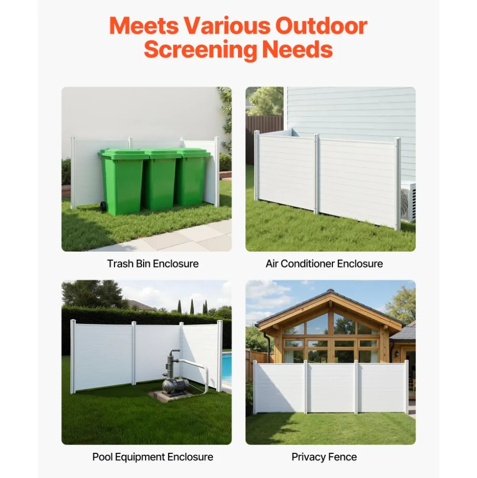 VEVOR 2 Panels Outdoor Privacy Screen, 48 x 48 in Air Conditioner Fence with 19.7 in Ground Stakes, Pool Equipment Enclosure, Louvered Vinyl Privacy Fence, Ideal for Trash Can and A/C Units, White