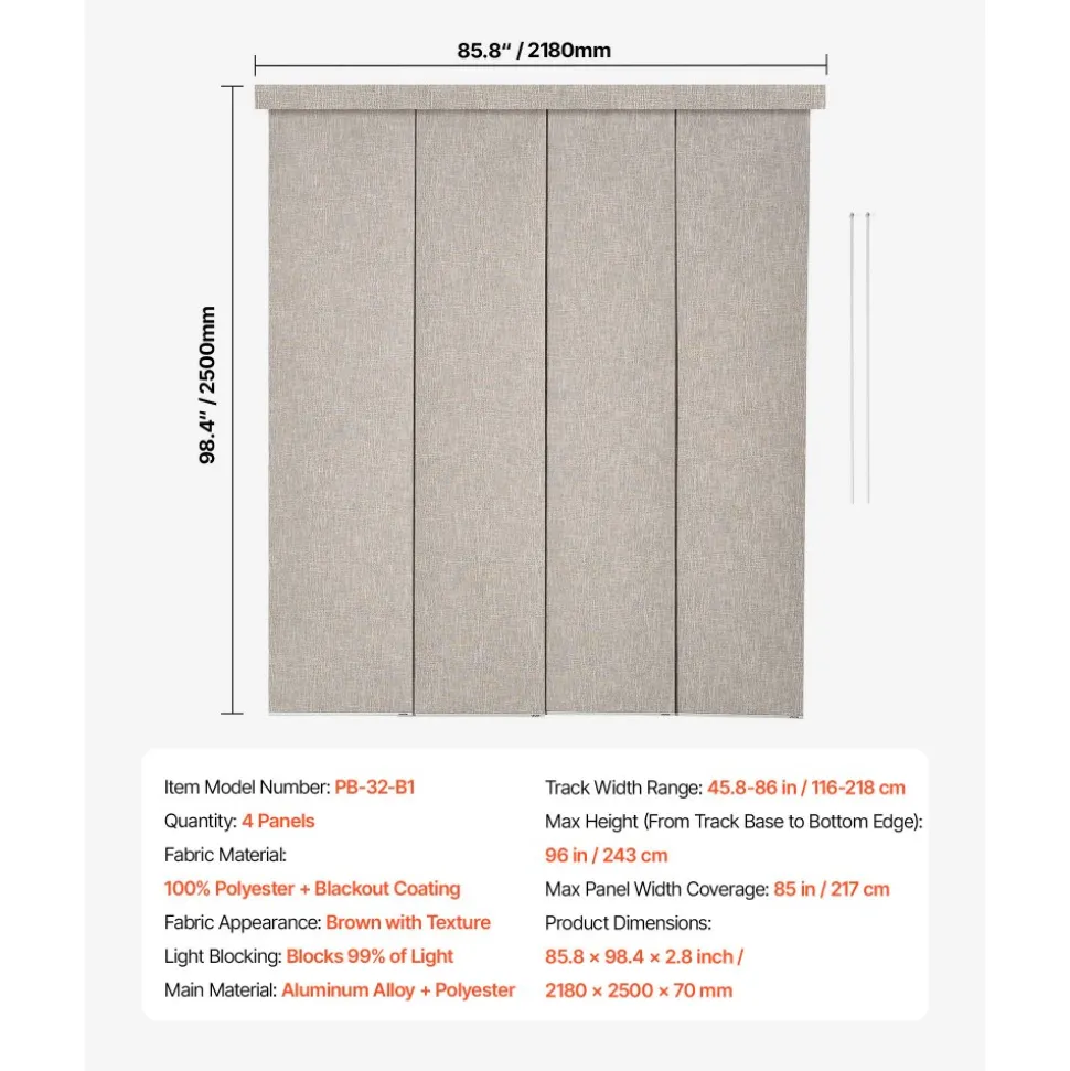 VEVOR Panel Track Blinds, Extendable Track from 45.8 in to 86 in W, Trimmable Panel Curtains Up to 96 in H, Vertical Blackout Panel Blinds for Sliding Doors, Patio Doors, Room Divider, Windows, Brown