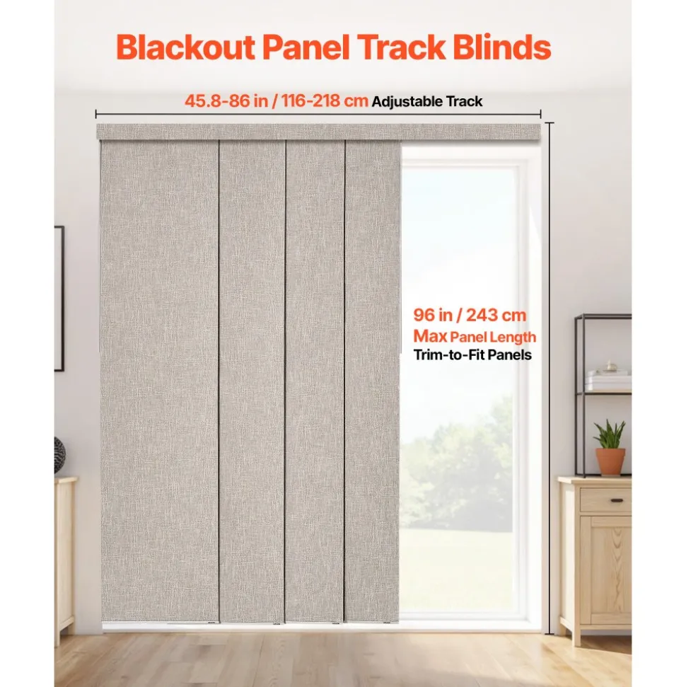 VEVOR Panel Track Blinds, Extendable Track from 45.8 in to 86 in W, Trimmable Panel Curtains Up to 96 in H, Vertical Blackout Panel Blinds for Sliding Doors, Patio Doors, Room Divider, Windows, Brown