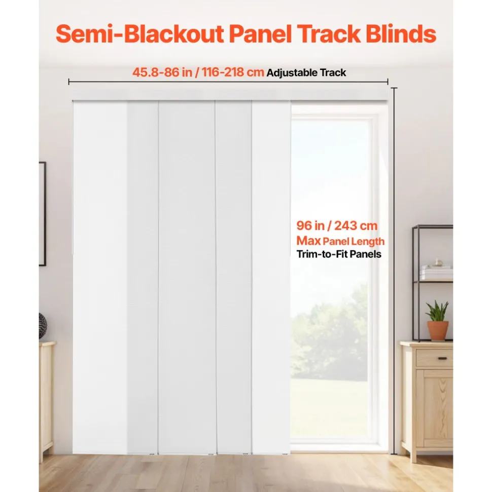 VEVOR Panel Track Blinds, Extendable Track from 45.8 in to 86 in W, Trimmable Panel Curtains Up to 96 in H, Adjustable Vertical Panel Blinds for Sliding Doors, Patio Doors, Room Divider, Window, White