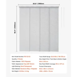 VEVOR Panel Track Blinds, Extendable Track from 45.8 in to 86 in W, Trimmable Panel Curtains Up to 96 in H, Adjustable Vertical Panel Blinds for Sliding Doors, Patio Doors, Room Divider, Window, Gray