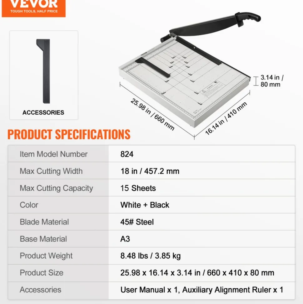 VEVOR Paper Cutter, Guillotine Trimmer, 18" Cut Length, 15 Sheets Capacity, Heavy Duty Guillotine Paper Cutter with Guard Rail/Blade Lock for Cardstock/Cardboard, Paper Trimmer for Home Office School