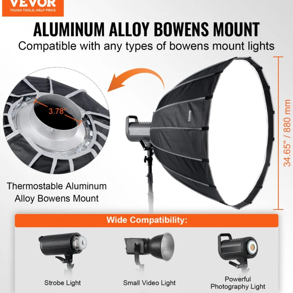 VEVOR Parabolic Softbox, 33 in / 850 mm, Quick Release and Quick Fold, Lightweight and Portable, Universal Bowens Mount, 4 Lighting Effects, Fits for Professionoal Photography, Daily Filming