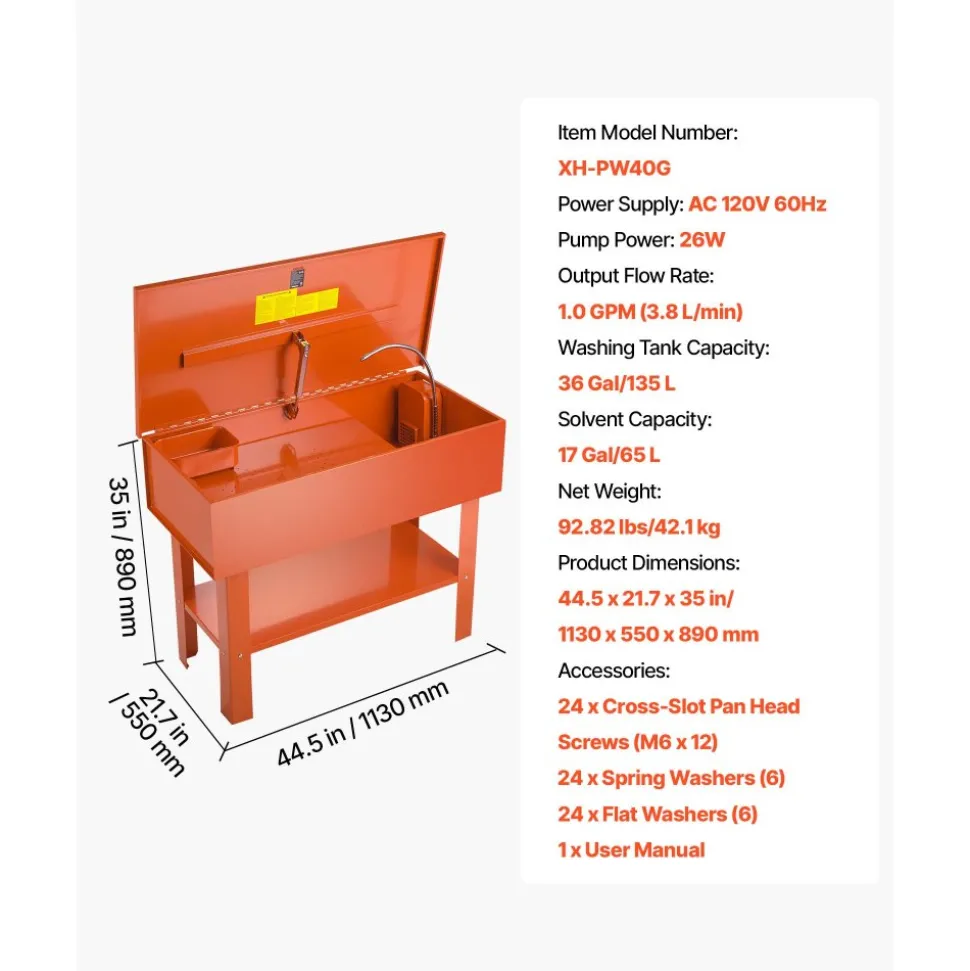 VEVOR Parts Washer 40-Gallon, 17 Gallon Solvent Capacity, 1 Gallon per Minute Max Pump Output, Steel Cabinet Electric Pump Automotive Parts Washer Cleaner for Wheel Bearings, Gears, and Carburetors