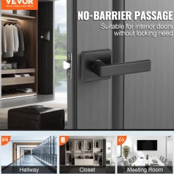VEVOR Passage Door Handle, 6 Pack Matte Black Door Lever, Left or Right Handing Reversible Lever Non-Locking, 45° Rotation to Open, Universal Square Interior for Hallways, Closets, Meeting Spaces