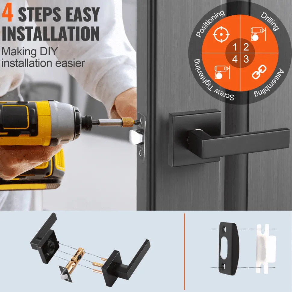 VEVOR Passage Door Handle, 1 Pack Matte Black Door Lever, Left or Right Handing Reversible Lever Non-Locking, 45° Rotation to Open, Universal Square Interior for Hallways, Closets, Meeting Spaces