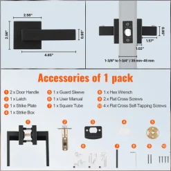 VEVOR Passage Door Handle, 1 Pack Matte Black Door Lever, Left or Right Handing Reversible Lever Non-Locking, 45° Rotation to Open, Universal Square Interior for Hallways, Closets, Meeting Spaces