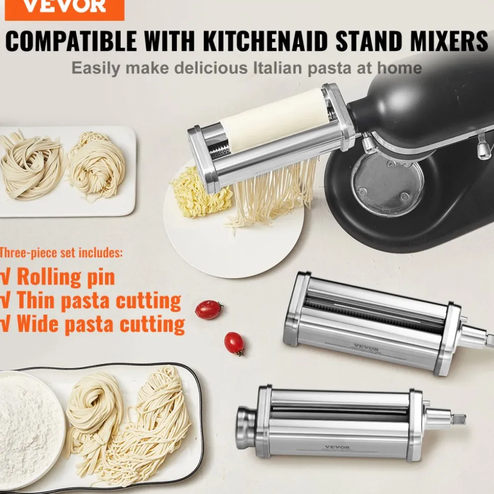 VEVOR Pasta Attachment for KitchenAid Stand Mixer, Stainless Steel Pasta Roller Cutter Set Including Pasta Sheet Roller, Spaghetti and Fettuccine Cutter, 8 Adjustable Thickness Knob Pasta Maker, 3Pcs