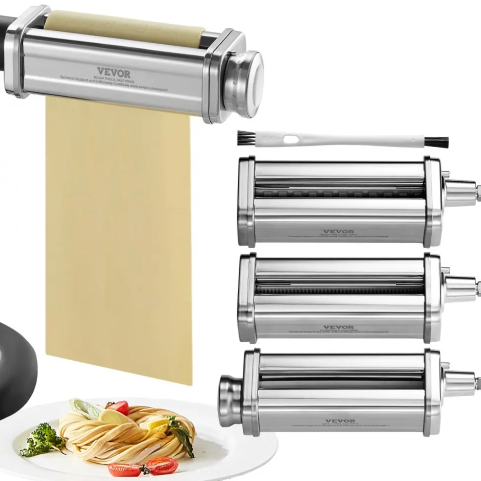 VEVOR Pasta Attachment for KitchenAid Stand Mixer, Stainless Steel Pasta Roller Cutter Set Including Pasta Sheet Roller, Spaghetti and Fettuccine Cutter, 8 Adjustable Thickness Knob Pasta Maker, 3Pcs