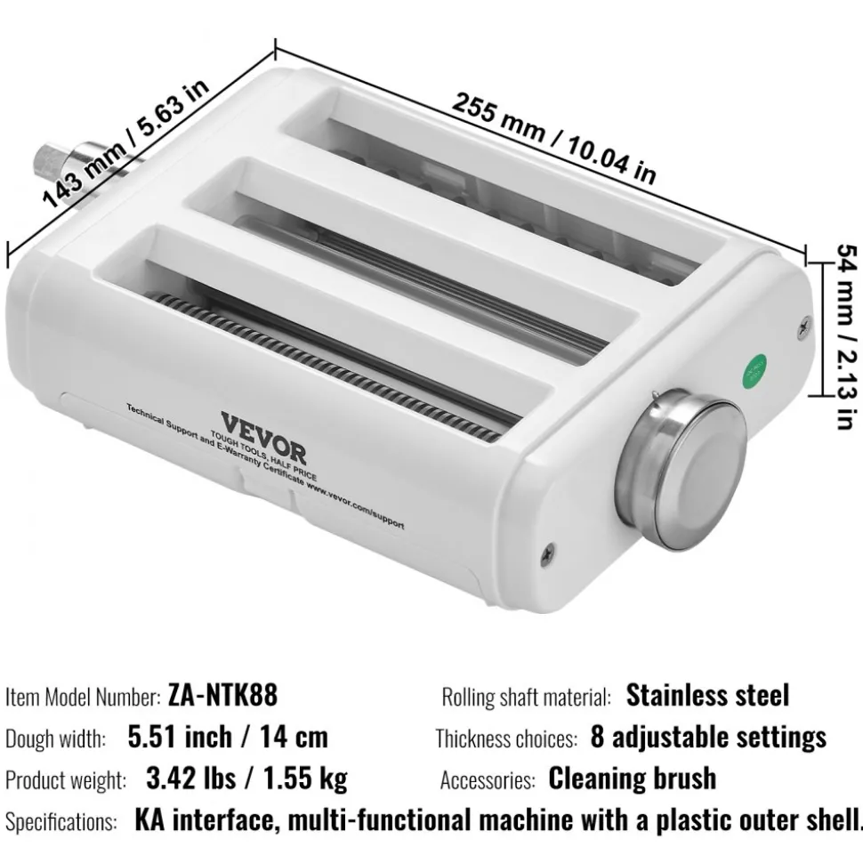 VEVOR Pasta Attachment for KitchenAid Stand Mixer, 3-IN-1 Stainless Steel Pasta Roller Cutter Set Including Pasta Sheet Roller, Spaghetti and Fettuccine Cutter, 8 Adjustable Thickness Knob Pasta Maker