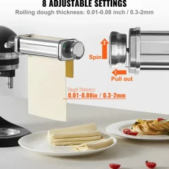 VEVOR Pasta Attachment for KitchenAid Stand Mixer, Stainless Steel Pasta Sheet Roller Attachment, Pasta Maker Machine Accessory with 8 Adjustable Thickness Knob, KitchenAid Pasta Attachment by VEVOR