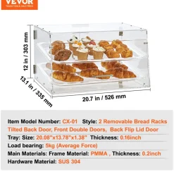 VEVOR Pastry Display Case, 2-Tier Commercial Countertop Bakery Display Case, Acrylic Display Box with Rear Door Access & Removable Shelves, Keep Fresh for Donut Bagels Cake Cookie, 20.7