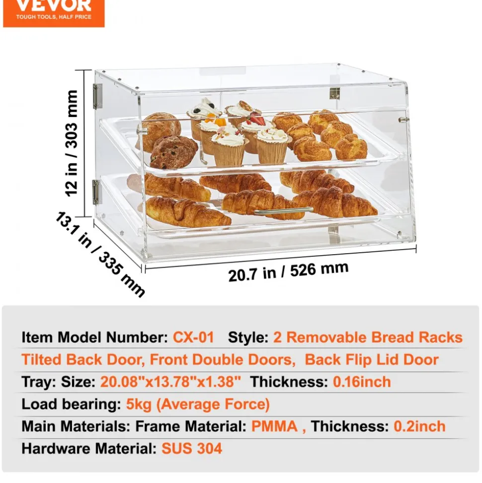 VEVOR Pastry Display Case, 2-Tier Commercial Countertop Bakery Display Case, Acrylic Display Box with Rear Door Access & Removable Shelves, Keep Fresh for Donut Bagels Cake Cookie, 20.7"x13.2"x11.9"