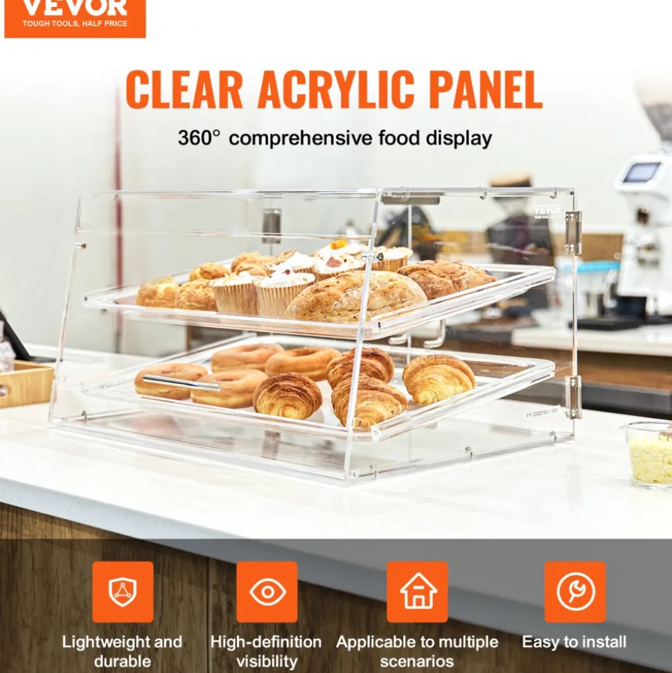 VEVOR Pastry Display Case, 2-Tier Commercial Countertop Bakery Display Case, Acrylic Display Box with Rear Door Access & Removable Shelves, Keep Fresh for Donut Bagels Cake Cookie, 20.7"x13.2"x11.9"