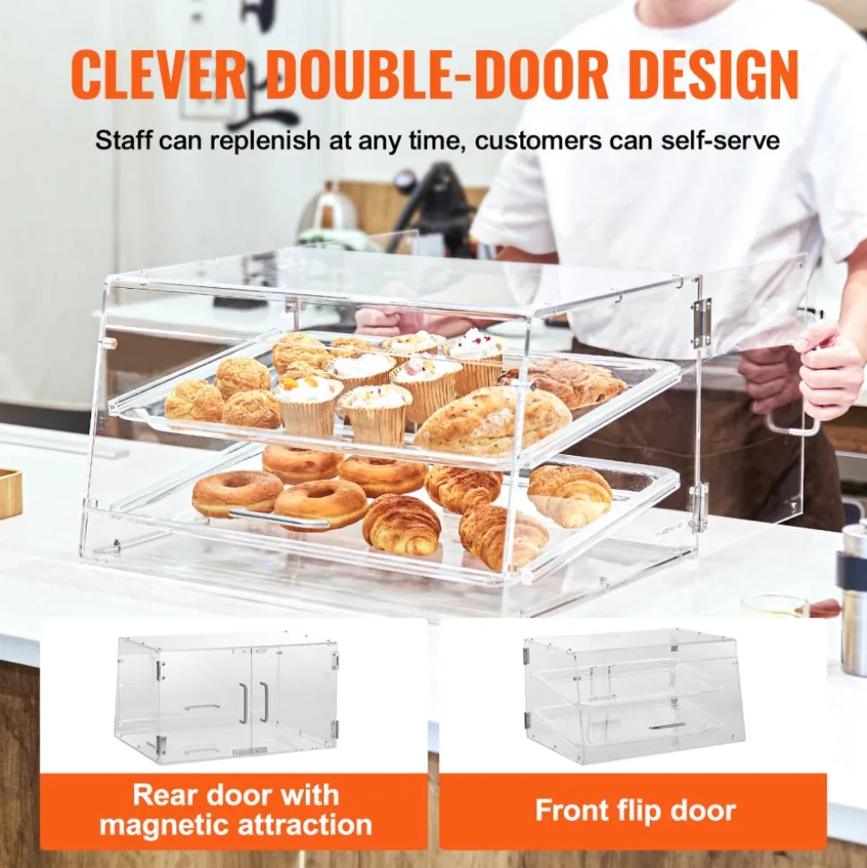 VEVOR Pastry Display Case, 2-Tier Commercial Countertop Bakery Display Case, Acrylic Display Box with Rear Door Access & Removable Shelves, Keep Fresh for Donut Bagels Cake Cookie, 20.7"x13.2"x11.9"