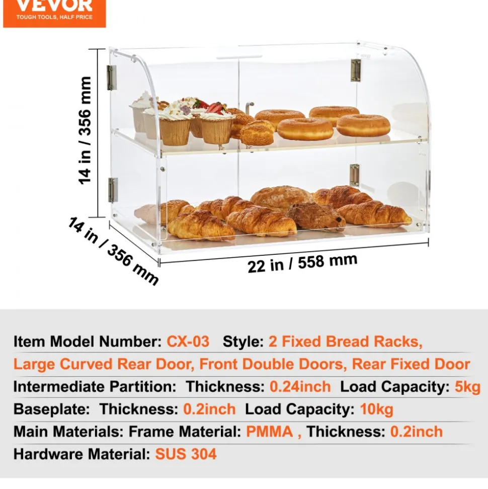 VEVOR Pastry Display Case, 2-Tier Commercial Countertop Bakery Display Case, Acrylic Display Box with Rear Door Access & Removable Shelves, Keep Fresh for Donut Bagels Cake Cookie, 22"x14"x14"