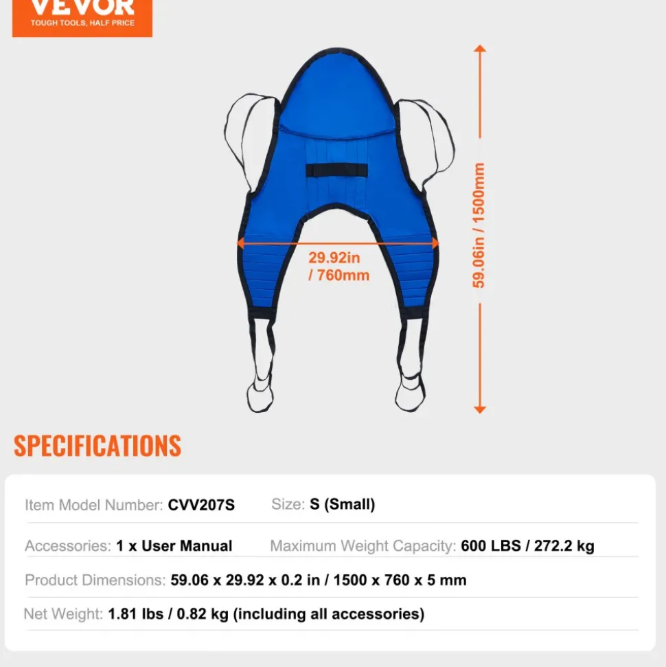 VEVOR Patient Lift Sling with Head Support- Small Size, U Shape Divided Leg Transfer Sling for Bathing, Patient Lift Medical Sling for Elderly, Disabled, Bedridden, 600LBS